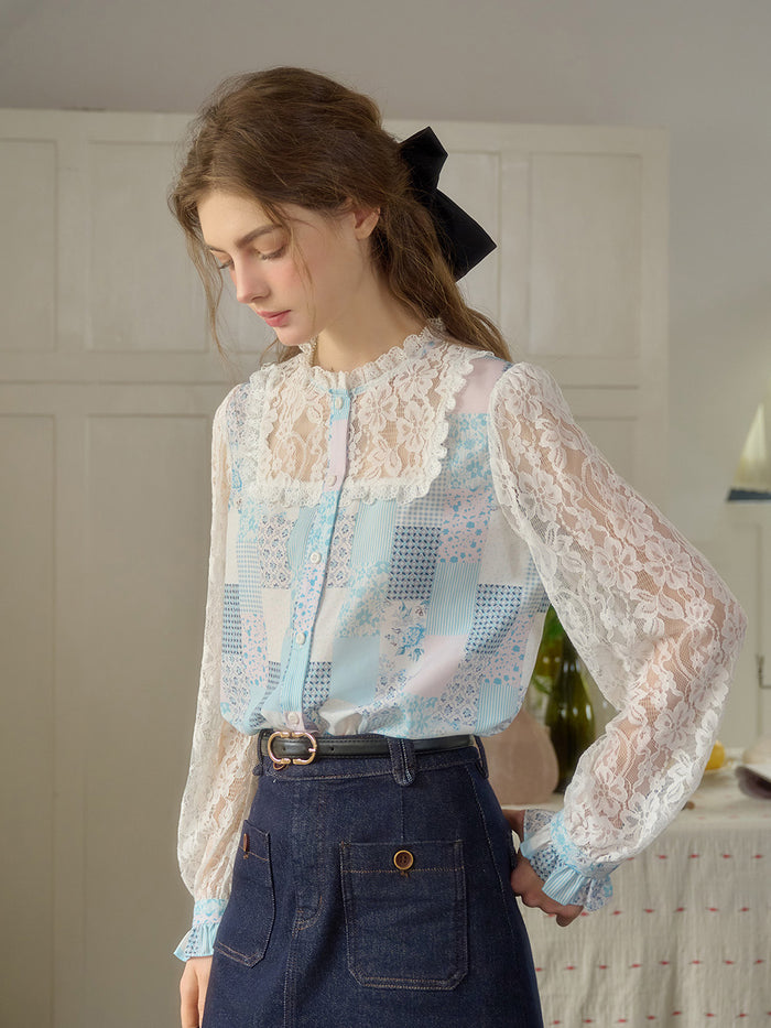 【Final Sale】Vivienne Lace Collar Patchwork Blouse
