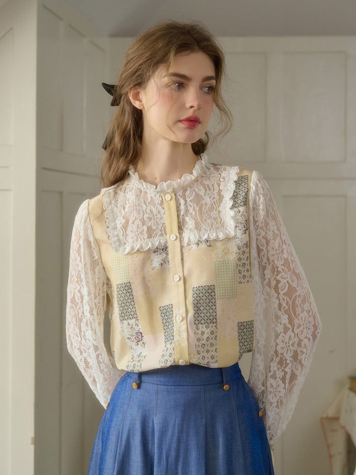 【Final Sale】Vivienne Lace Collar Patchwork Blouse