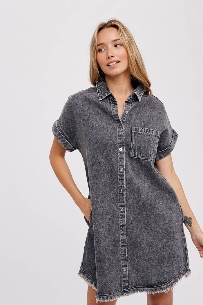 FRAYED HEM DENIM SHIRT DRESS
