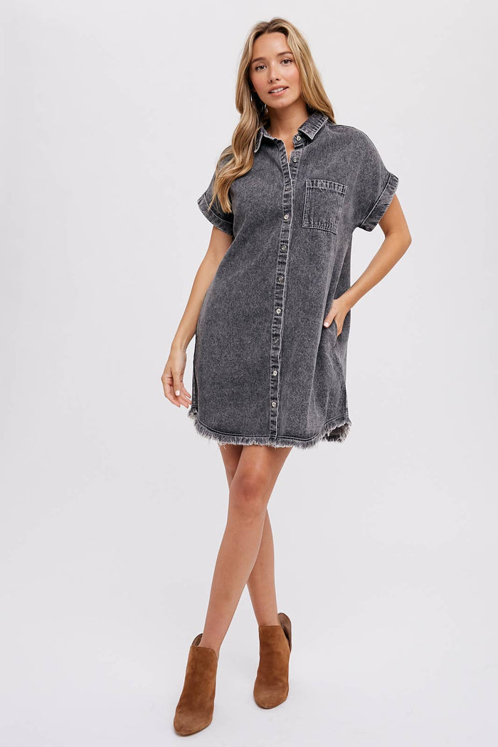 FRAYED HEM DENIM SHIRT DRESS