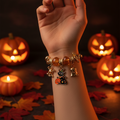 Halloween Charm Bracelet Set – Gold & Silver Stretch Bangle with Black Cat, Ghost, Skull & Pumpkin Charms (CB3081)