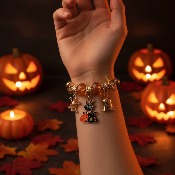 Halloween Charm Bracelet Set – Gold & Silver Stretch Bangle with Black Cat, Ghost, Skull & Pumpkin Charms (CB3081)