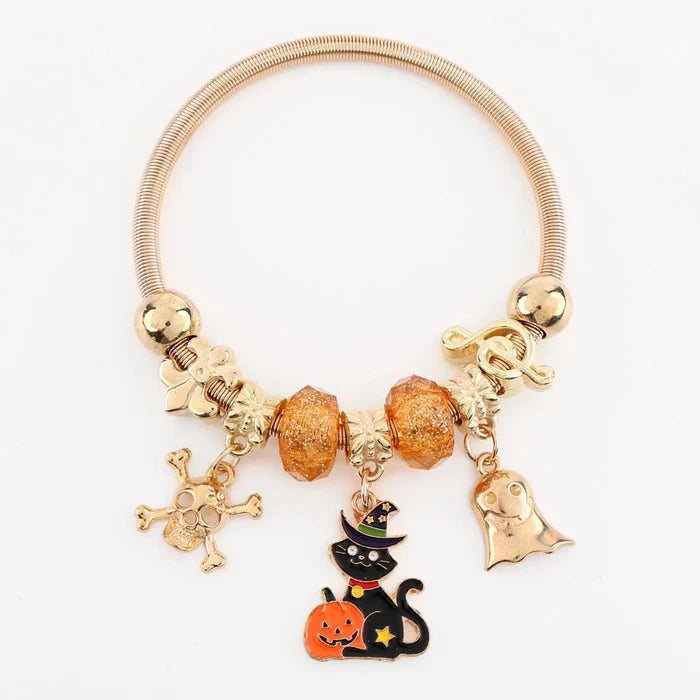 Halloween Charm Bracelet Set – Gold & Silver Stretch Bangle with Black Cat, Ghost, Skull & Pumpkin Charms (CB3081)