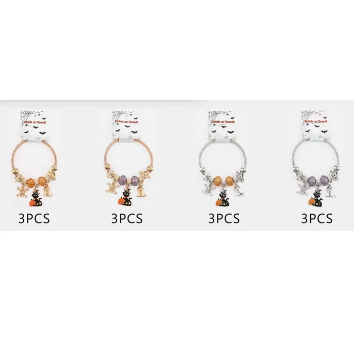 Halloween Charm Bracelet Set – Gold & Silver Stretch Bangle with Black Cat, Ghost, Skull & Pumpkin Charms (CB3081)