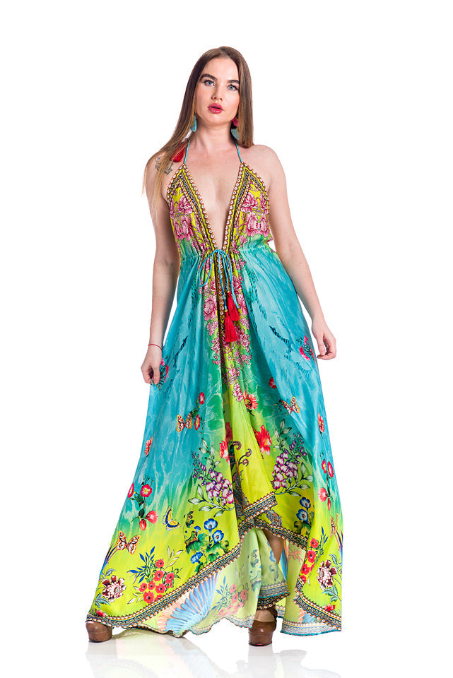Hawaii dress, floral dress yellow/green