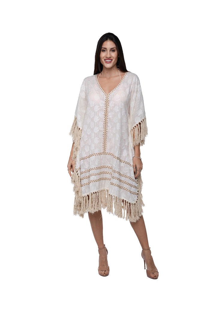 Ivory Cotton Tassel Kaftan c-3109