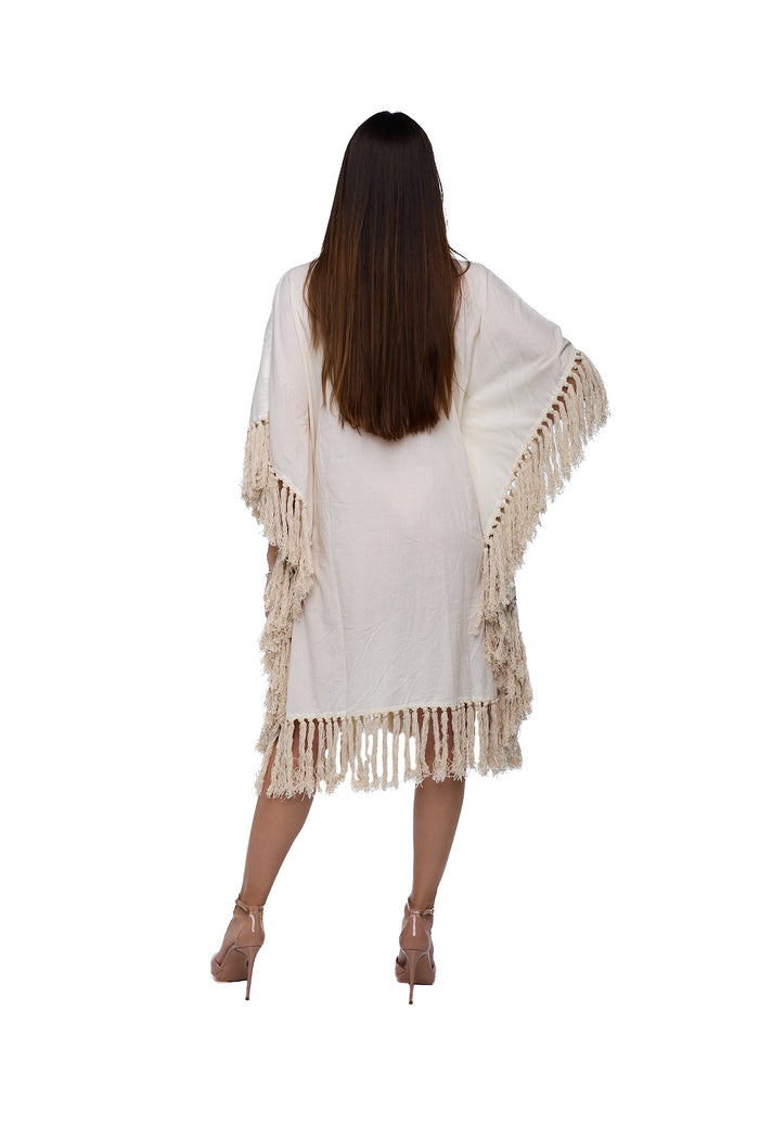 Ivory Cotton Tassel Kaftan c-3109