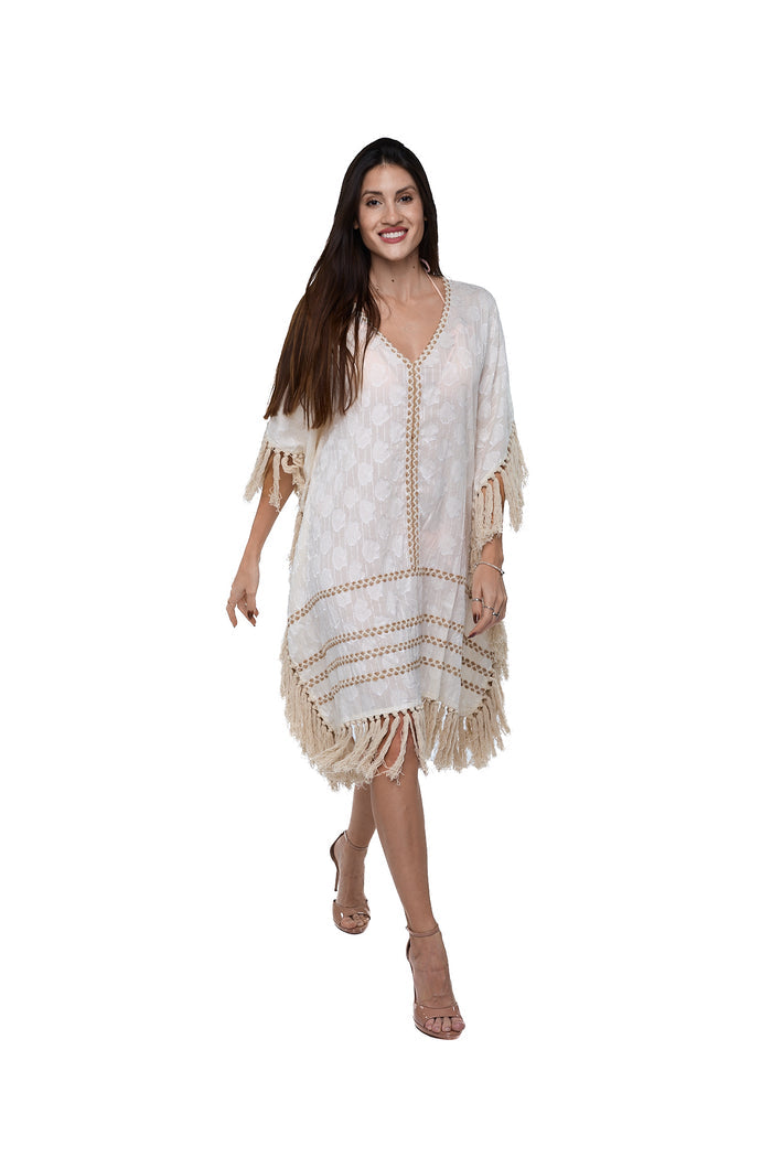 Ivory Cotton Tassel Kaftan c-3109
