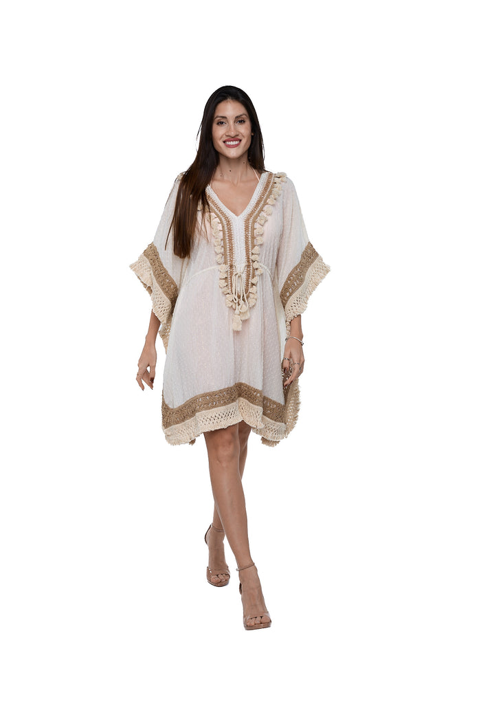 Ivory crochet trim kaftan C-1554