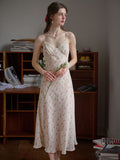 Juliana Lace Patchwork V-neck Floral Suspender Dress-Apricot