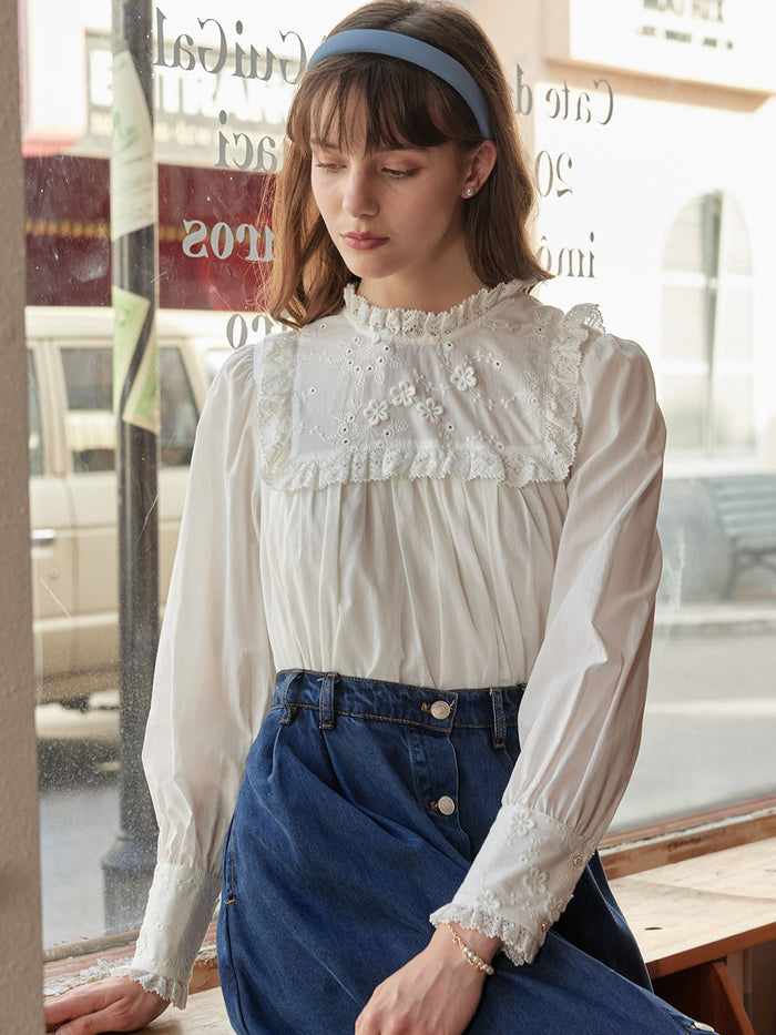 Keily Frill Trim Mock Neck Embroidered Cotton Blouse
