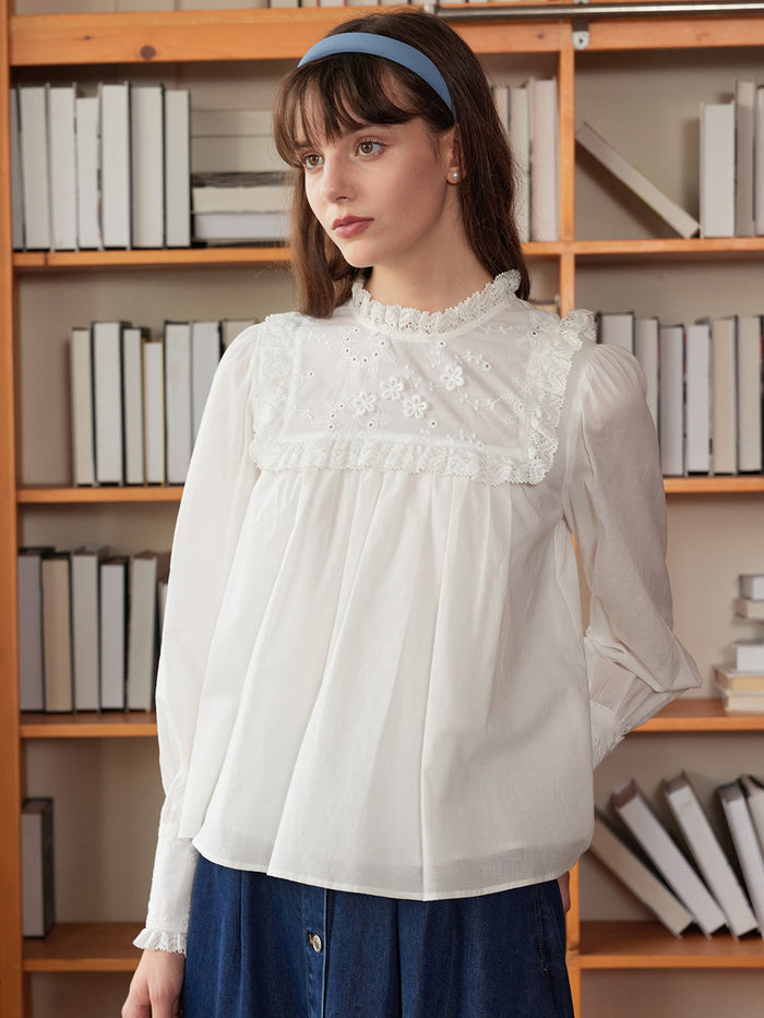 Keily Frill Trim Mock Neck Embroidered Cotton Blouse