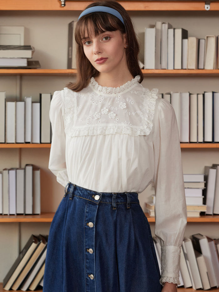 Keily Frill Trim Mock Neck Embroidered Cotton Blouse