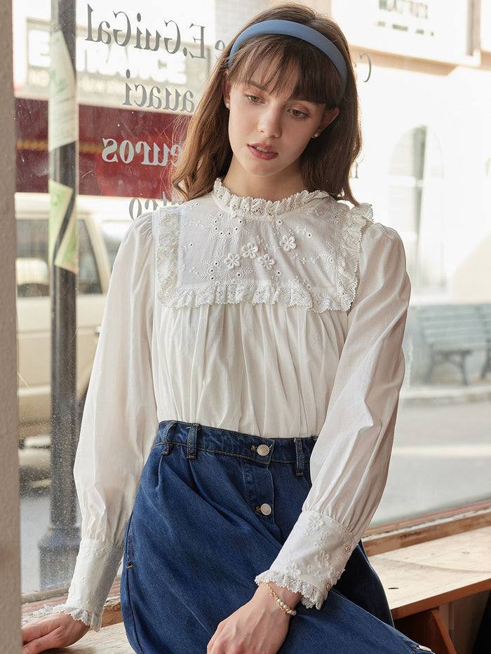 Keily Frill Trim Mock Neck Embroidered Cotton Blouse