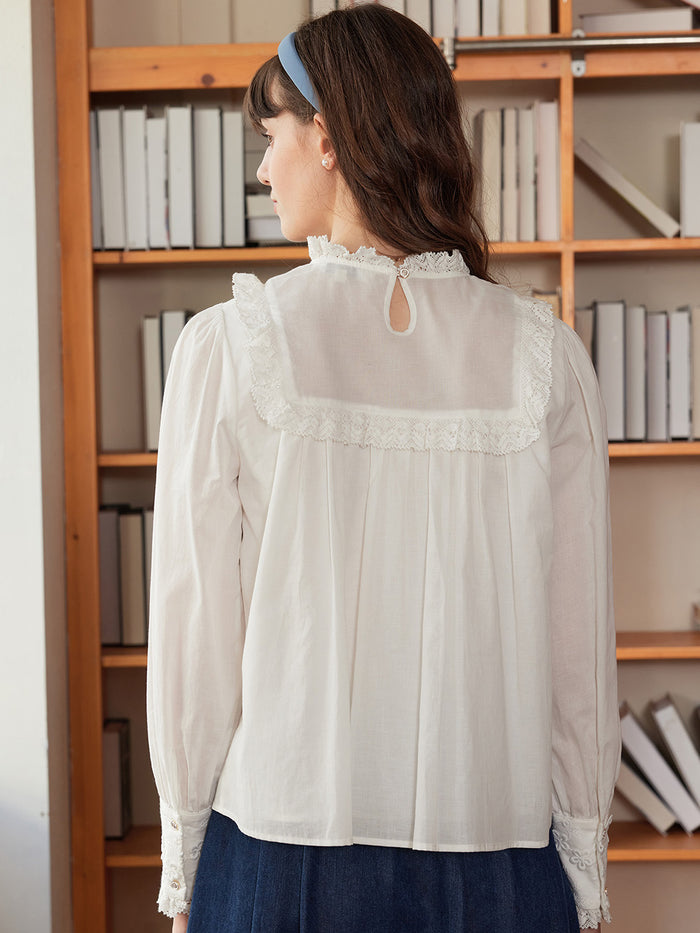 Keily Frill Trim Mock Neck Embroidered Cotton Blouse