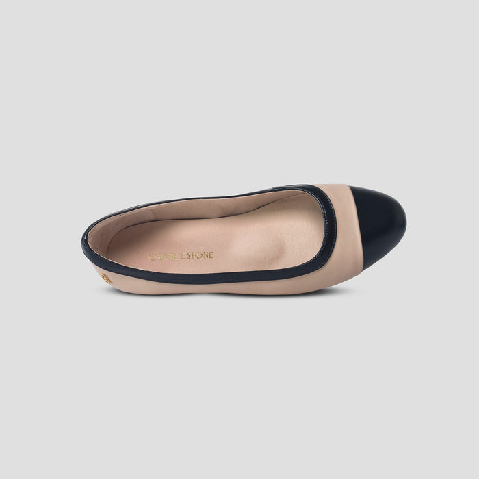 Charlie Stone Shoes Kensington british european elegant vintage style ladies flats chanel style black and nude leather with biomechanical insole for better foot health helps foot pain
