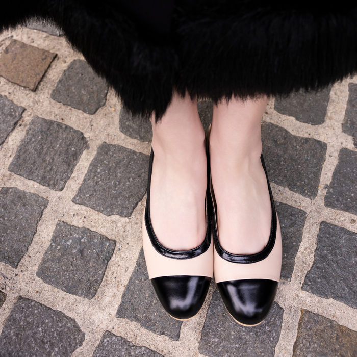 Charlie Stone Shoes Kensington british european elegant vintage style ladies flats chanel style black and nude leather with biomechanical insole for better foot health helps foot pain