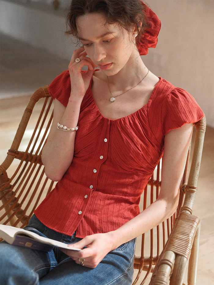 Lacey Round Neck Waist 100% Cotton Blouse