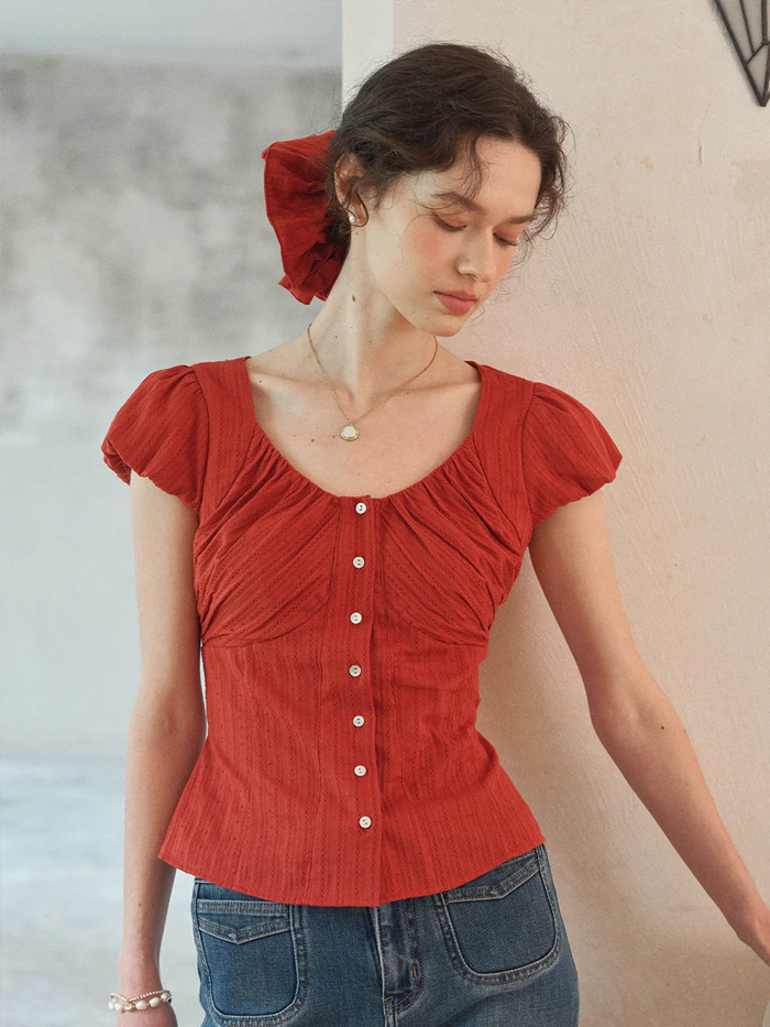 Lacey Round Neck Waist 100% Cotton Blouse
