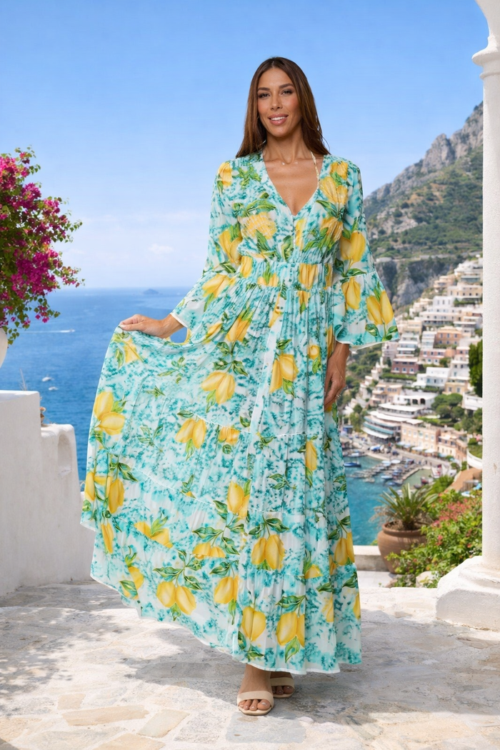 Lemon Blossom Tiered Maxi Dress-AKC-31802
