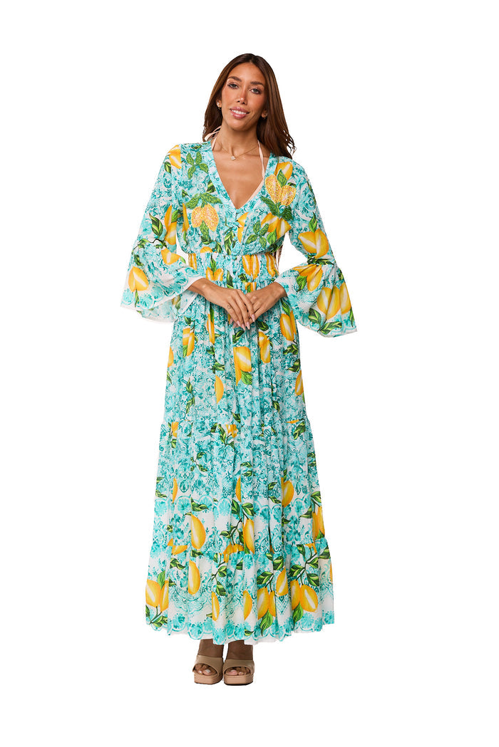 Lemon Blossom Tiered Maxi Dress-AKC-31802