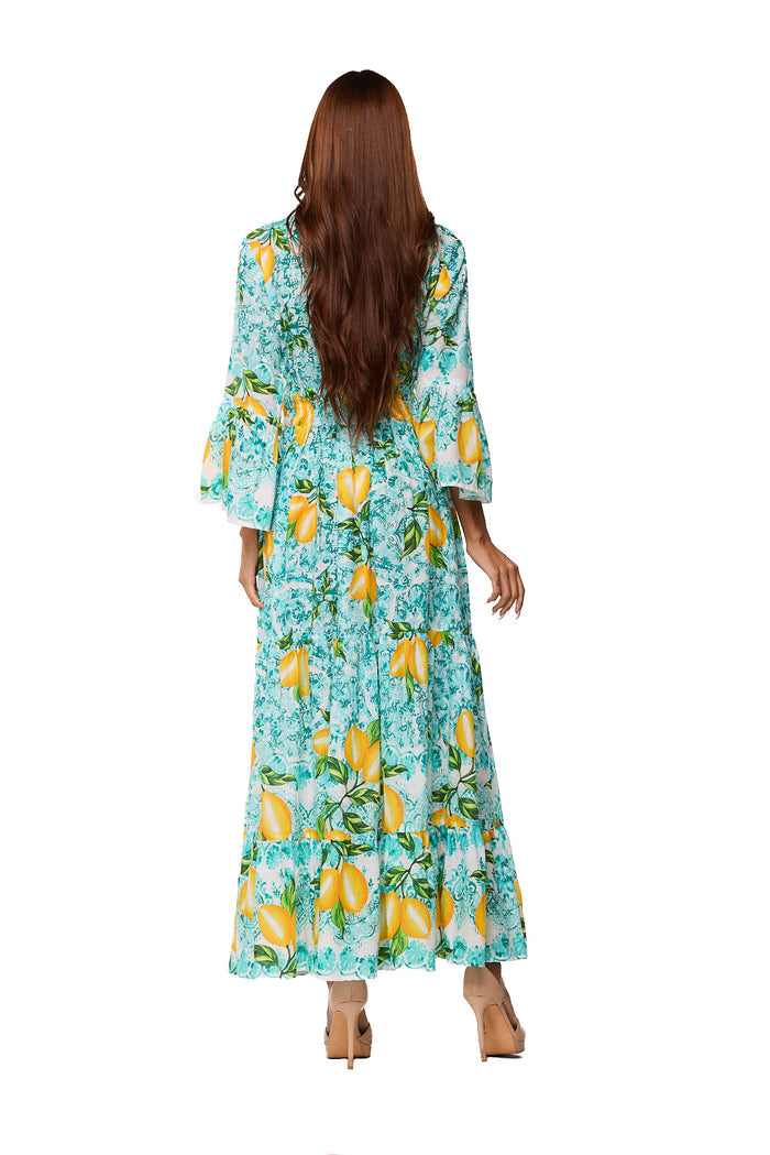 Lemon Blossom Tiered Maxi Dress-AKC-31802
