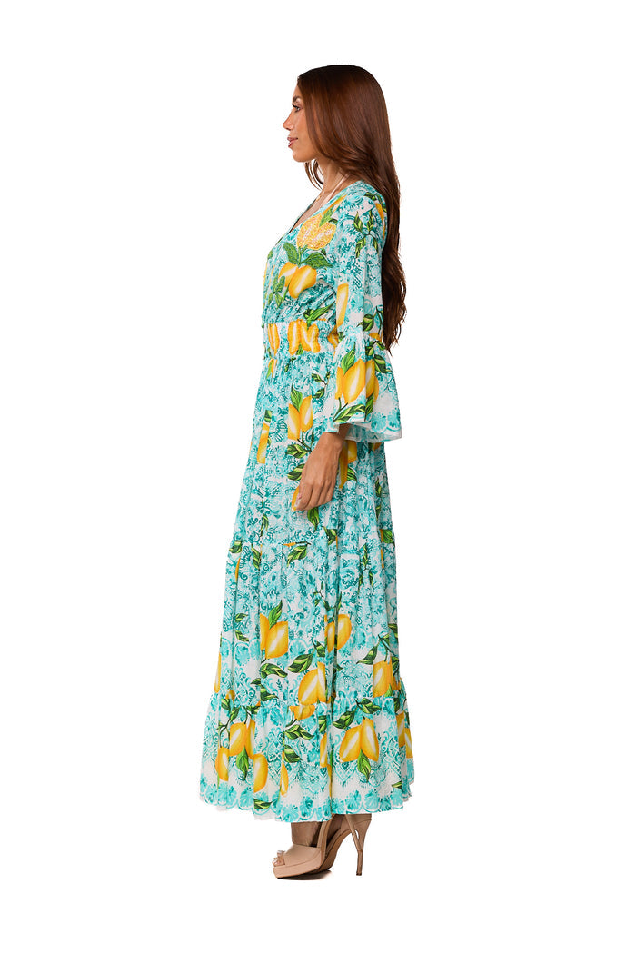 Lemon Blossom Tiered Maxi Dress-AKC-31802