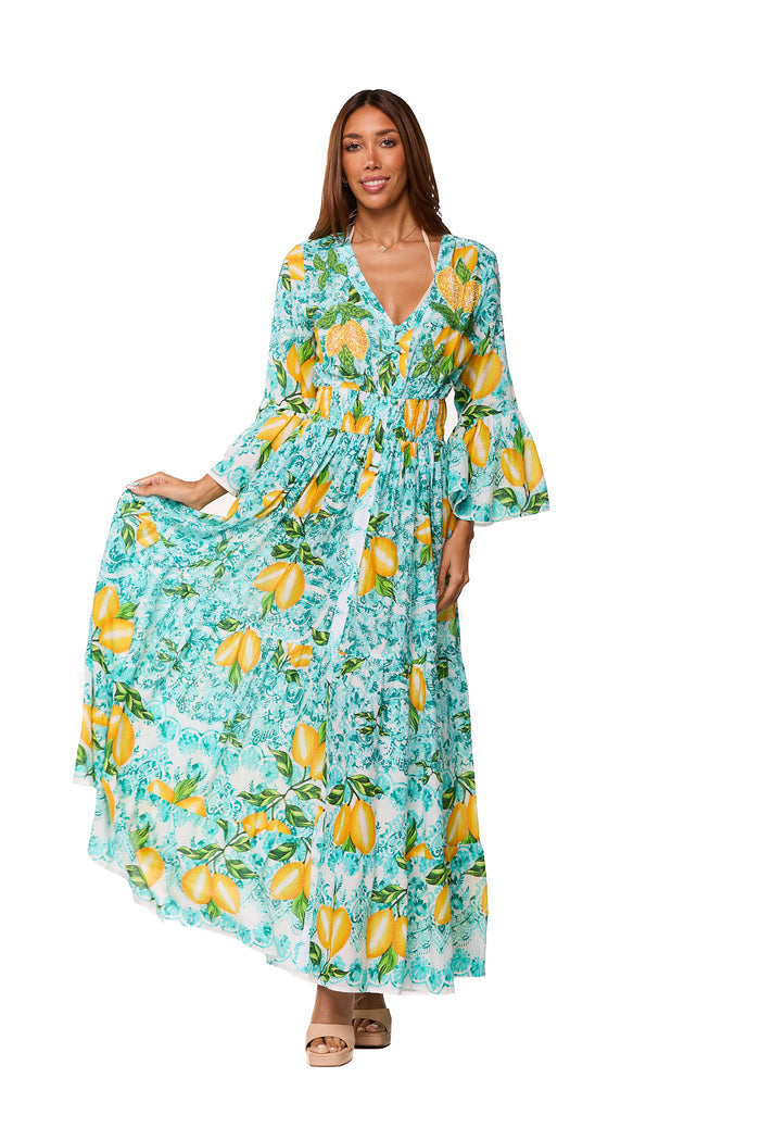 Lemon Blossom Tiered Maxi Dress-AKC-31802