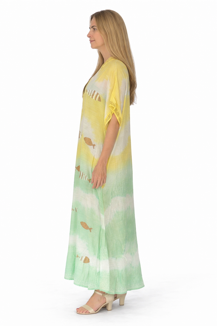 Long yellow comfortable cotton kaftan- ch-5359