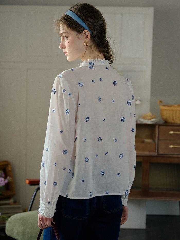 Madison Lace Paneled Button Front Cotton Blouse