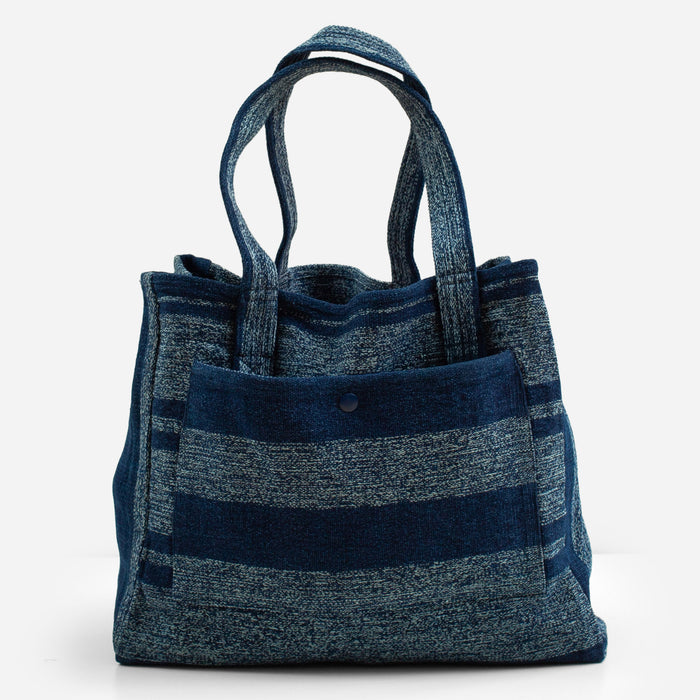 MAT WEAVE BEACH TOTE BAG - NAVY STRIPE