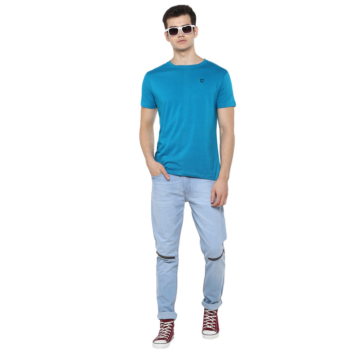 Men's Aqua Blue Solid Slim Fit Round Neck Cotton T-Shirt