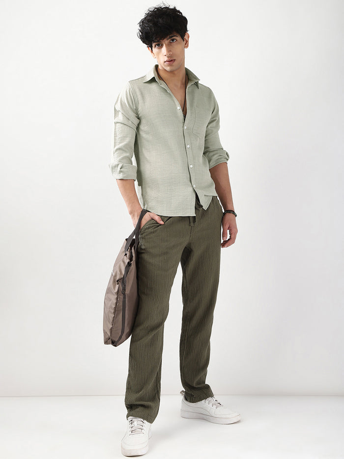 Men's Beige Linen Blend Full Sleeve Relaxed Fit Casual Solid Shirt