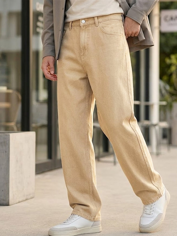 Men's Beige Loose Baggy Fit Washed Jeans Non-Stretchable