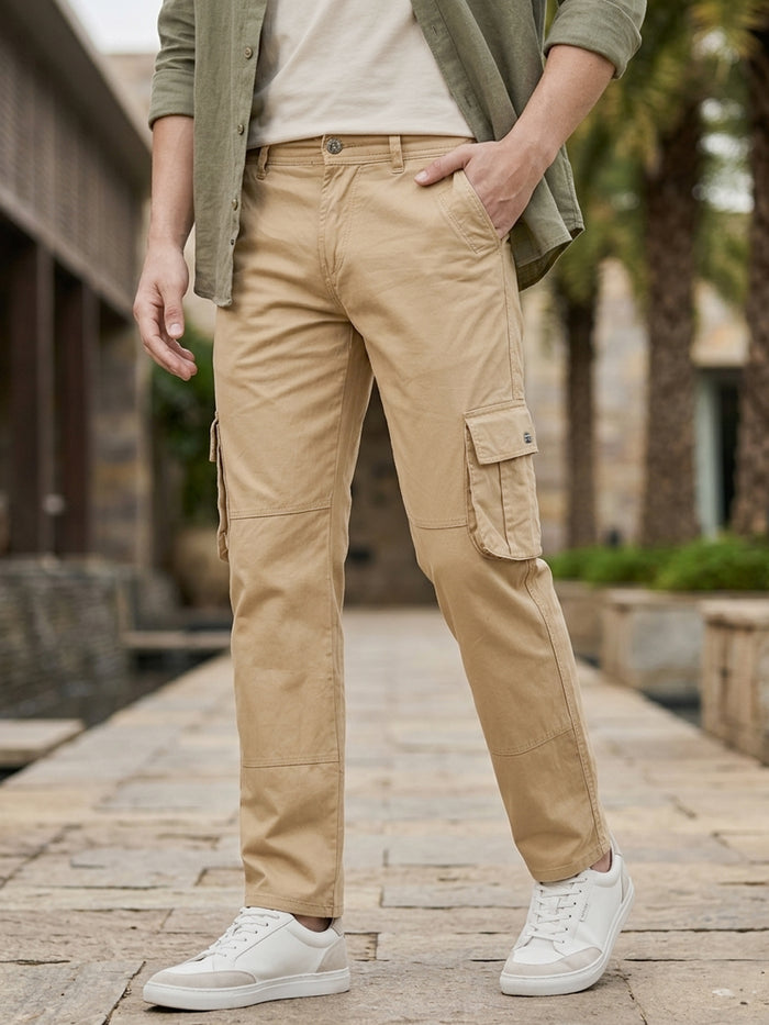 Men's Beige Regular Fit Solid Cargo Chino Pant with 6 Pockets
