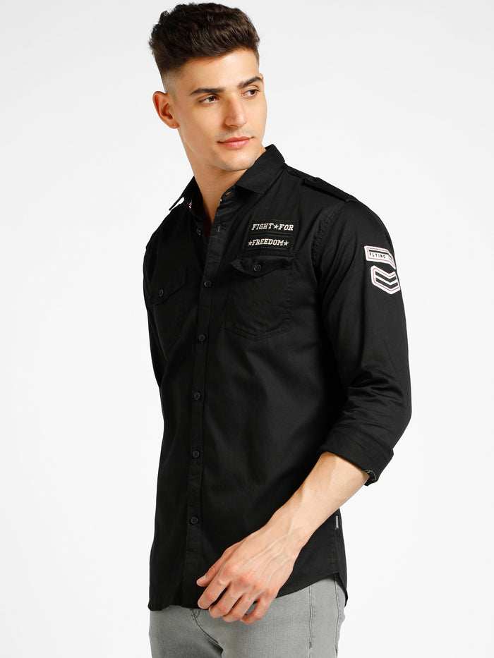 Men's Black Cotton Full Sleeve Slim Fit Casual Solid Shirt