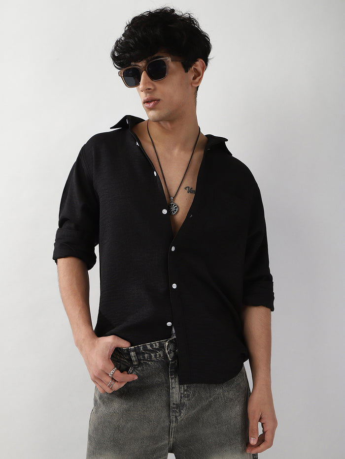 Men's Black Linen Blend Full Sleeve Relaxed Fit Casual Solid Shirt