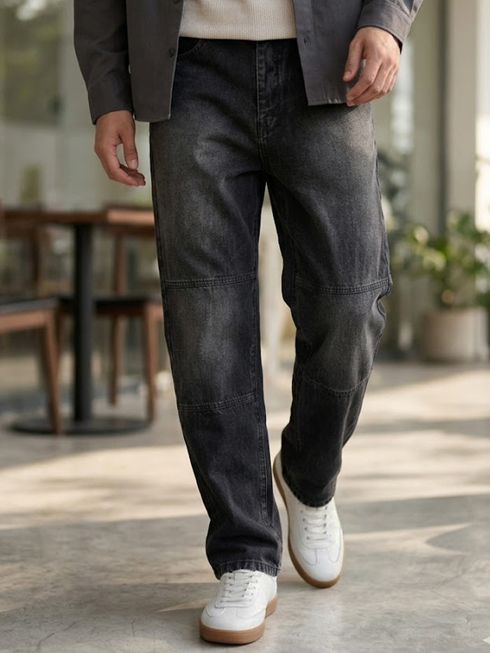 Men's Black Loose Baggy Fit Cut and Sew Panelled Jeans Non-Stretchable