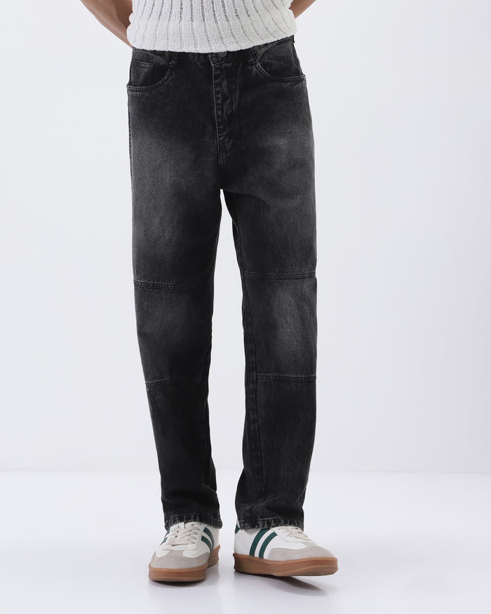 Men's Black Loose Baggy Fit Cut and Sew Panelled Jeans Non-Stretchable