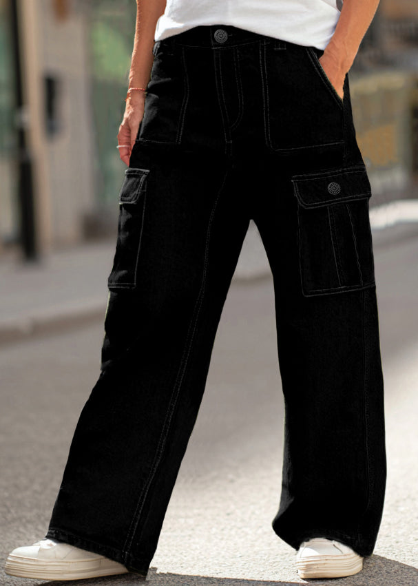 Men's Black Loose Fit Cargo Jeans with 6 Pockets Non-Stretchable