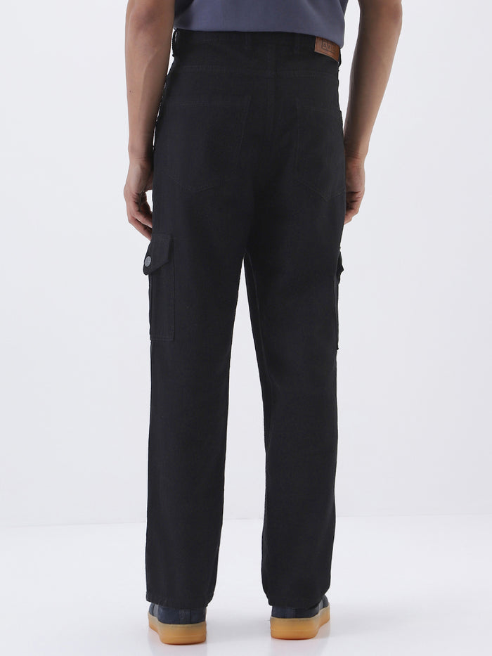 Men's Black Loose Fit Cargo Jeans with 6 Pockets Non-Stretchable