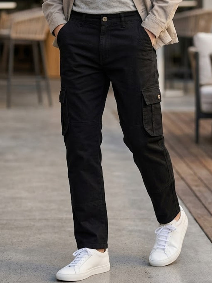 Men's Black Regular Fit Solid Cargo Chino Pant with 6 Pockets