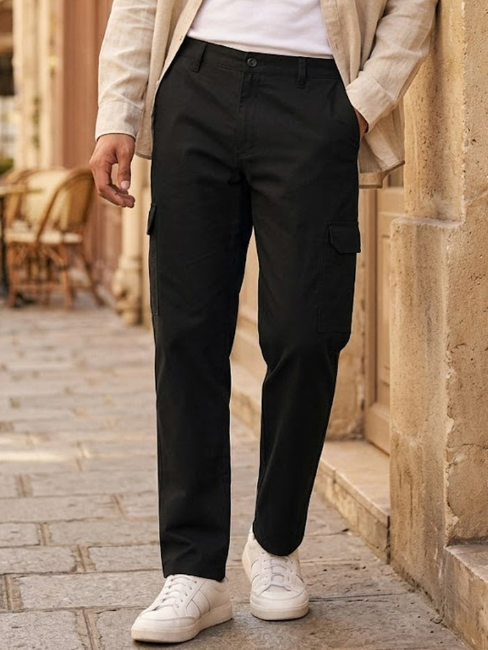 Men's Black Regular Fit Solid Cargo Chino Pant With 6 Pockets