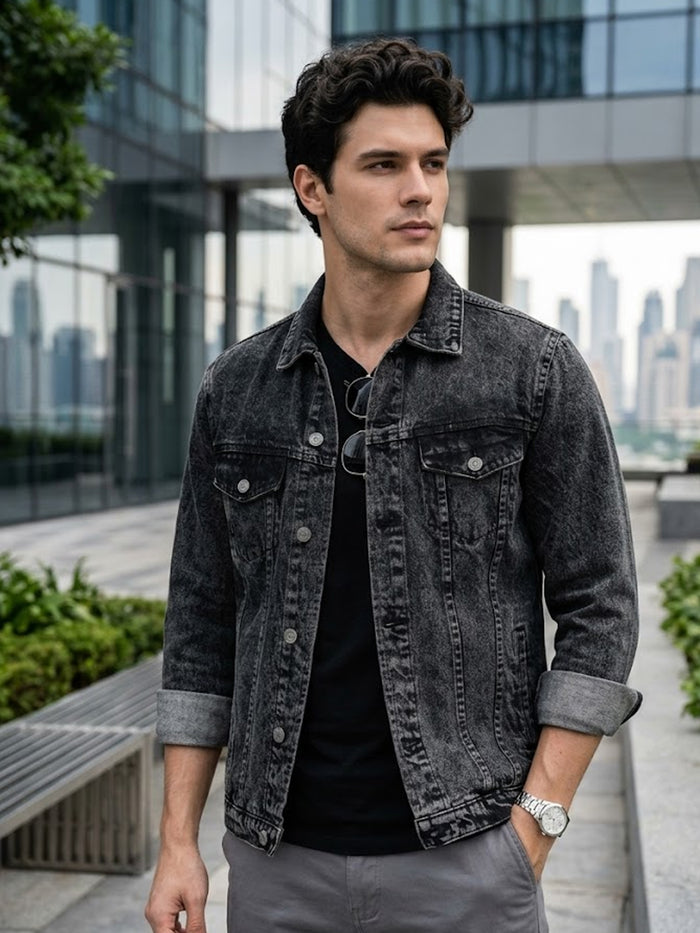 Men's Black Regular Fit Washed Full Sleeve Denim Jacket