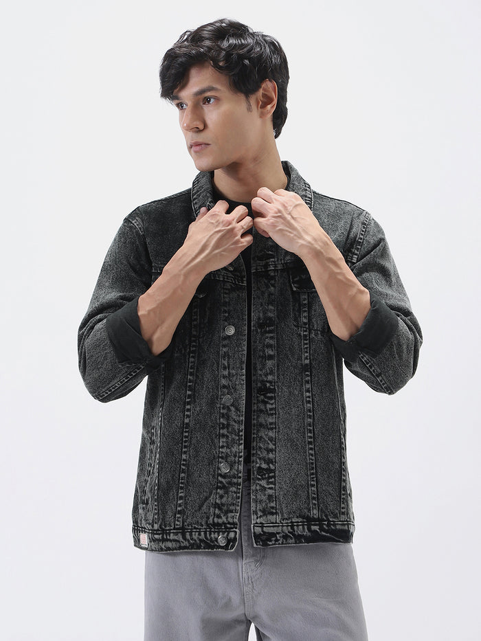 Men's Black Regular Fit Washed Full Sleeve Denim Jacket