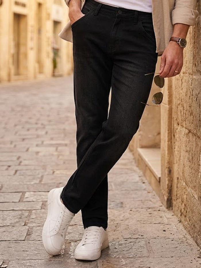 Men's Black Regular Fit Washed Jeans Stretchable