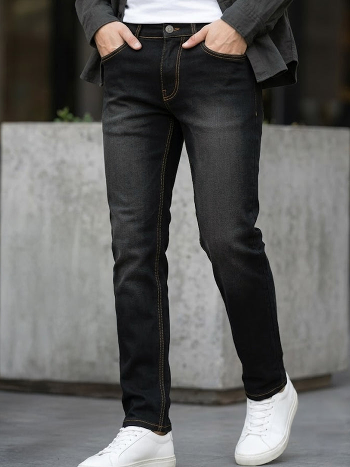 Men's Black Regular Fit Washed Jeans Stretchable