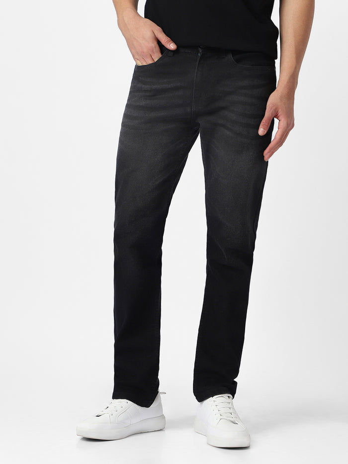 Men's Black Regular Fit Washed Jeans Stretchable