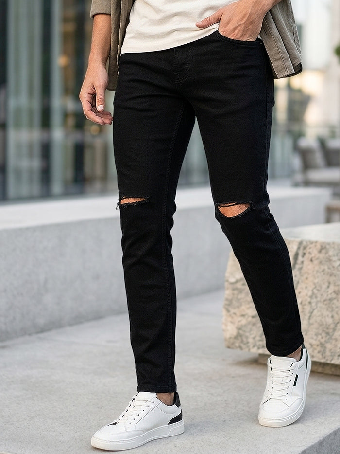 Men's Black Slim Fit Knee Slit Stretchable Jeans