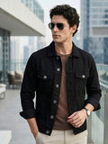 Men's Black Solid Regular Fit Washed Full Sleeve Denim Jacket